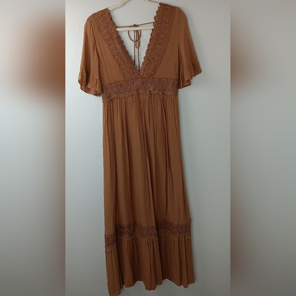 Camel Wishlist Boho Crochet Detail Flowy Maxi Dress - Picture 3 of 11